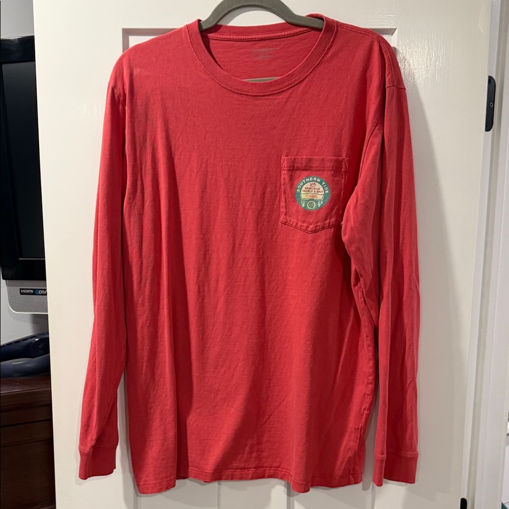Southern Tide Red Long-Sleeve Pocket Tee with Logo Patch